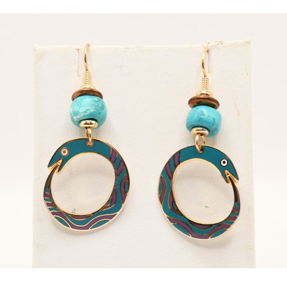 Vintage Laurel Burch Serpentine Snake Earrings Teal Purple Enamel Signedl